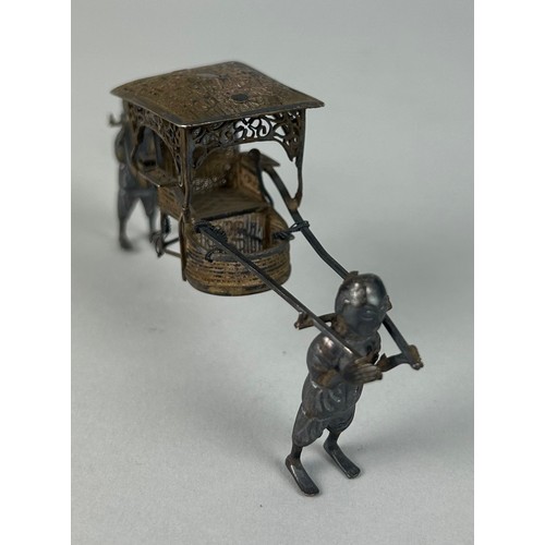 157 - A SMALL CHINESE SILVER CARRIAGE AND CARRIERS, 

Weight: 27gms