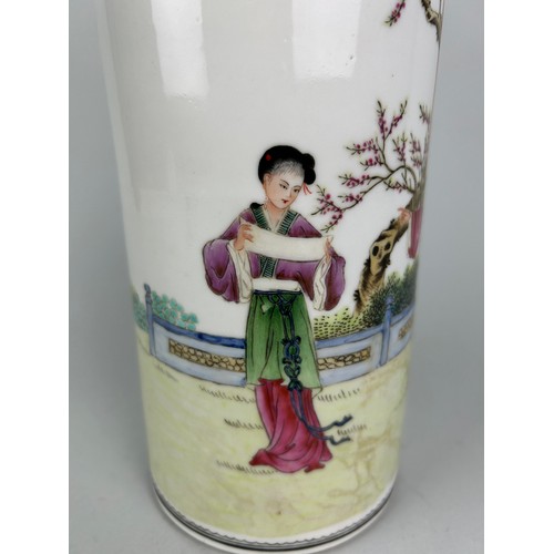 114A - A MID 20TH CENTURY CHINESE SLEEVE VASE OR HAT STAND, 

Painted with figures. 

27cm x 10cm