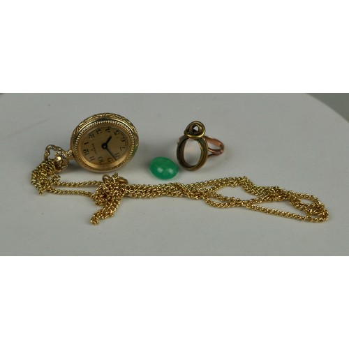 221B - A YELLOW METAL 'JOSMAR' WATCH, along with a part gold and part brass ring with green gem stone (loos... 