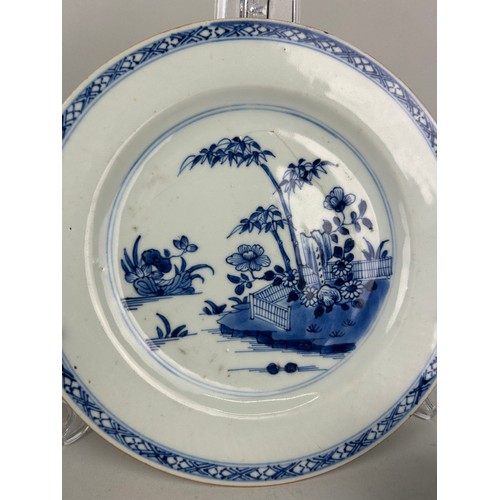 65 - AN 18TH CENTURY CHINESE EXPORT BLUE AND WHITE CUP ALONG WITH A BLUE AND WHITE PLATE DECORATED WITH F... 