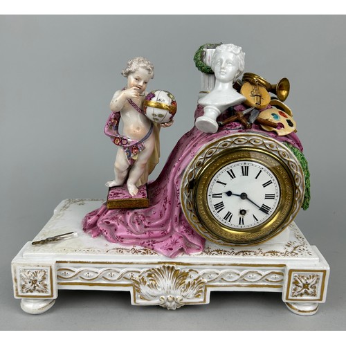 341 - AN UNUSUAL 18TH OR 19TH CENTURY MEISSEN MANTLE CLOCK WITH A PUTTI HOLDING A GLOBE, 

Two crossed swo... 