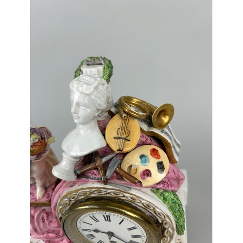 341 - AN UNUSUAL 18TH OR 19TH CENTURY MEISSEN MANTLE CLOCK WITH A PUTTI HOLDING A GLOBE, 

Two crossed swo... 