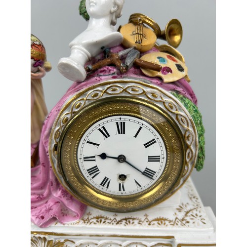 341 - AN UNUSUAL 18TH OR 19TH CENTURY MEISSEN MANTLE CLOCK WITH A PUTTI HOLDING A GLOBE, 

Two crossed swo... 