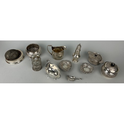 137 - A COLLECTION OF GEORGIAN, VICTORIAN AND LATER SILVER ITEMS, 

To include a sauceboat, rose water bow... 