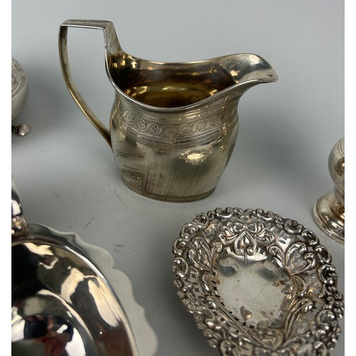 137 - A COLLECTION OF GEORGIAN, VICTORIAN AND LATER SILVER ITEMS, 

To include a sauceboat, rose water bow... 