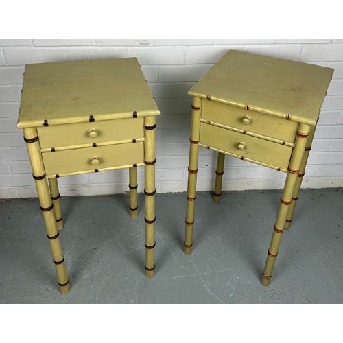 500 - A PAIR OF FAUX BAMBOO PAINTED BESIDE TABLES WITH TWO DRAWERS (2) 

75cm x 37cm x 37cm each.