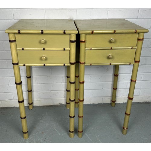 500 - A PAIR OF FAUX BAMBOO PAINTED BESIDE TABLES WITH TWO DRAWERS (2) 

75cm x 37cm x 37cm each.