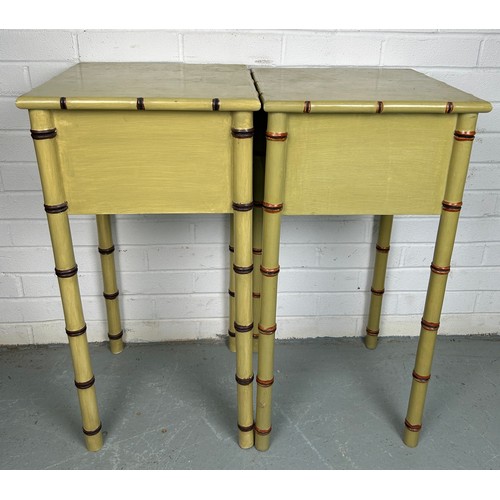 500 - A PAIR OF FAUX BAMBOO PAINTED BESIDE TABLES WITH TWO DRAWERS (2) 

75cm x 37cm x 37cm each.