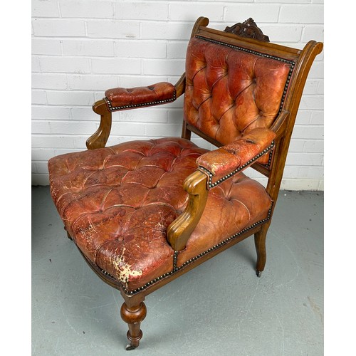 491 - A PAIR OF 19TH CENTURY BUTTON BACK FAUTEUILS, 

Each upholstered in red or tan leather, raised on fo... 