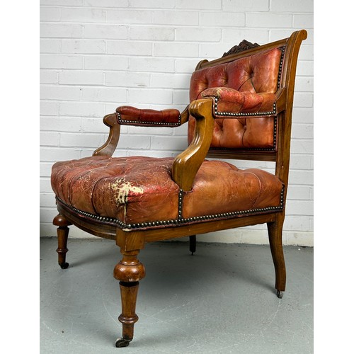 491 - A PAIR OF 19TH CENTURY BUTTON BACK FAUTEUILS, 

Each upholstered in red or tan leather, raised on fo... 