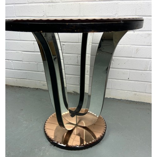 516 - AN ART DECO PEACH GLASS TABLE,

52cm x 50cm 

Some damage to top.