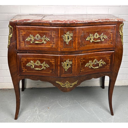 492 - A LATE 18TH CENTURY ITALIAN BOMBE COMMODE WITH PINK VARIEGATED MARBLE TOP, 

Brass mounts, handles a... 