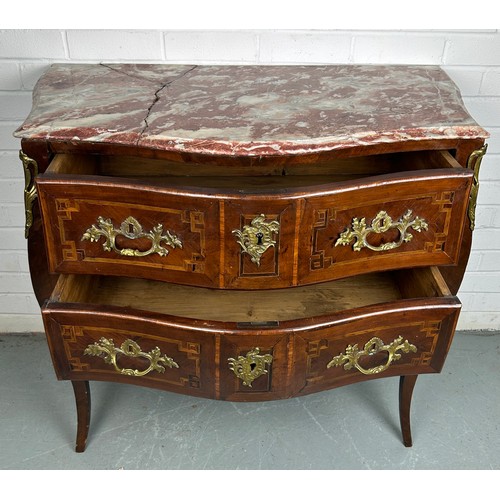 492 - A LATE 18TH CENTURY ITALIAN BOMBE COMMODE WITH PINK VARIEGATED MARBLE TOP, 

Brass mounts, handles a... 