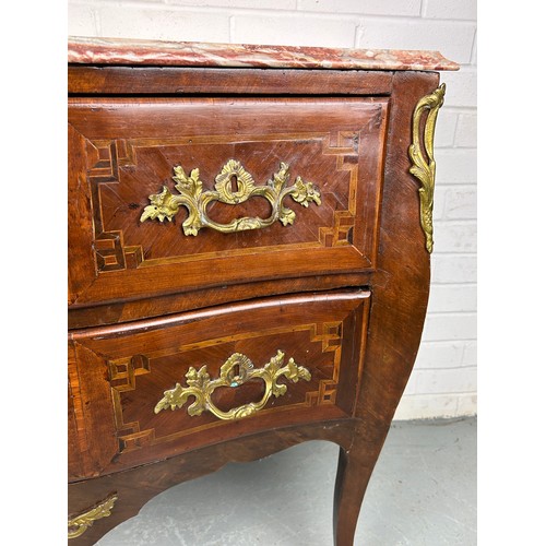 492 - A LATE 18TH CENTURY ITALIAN BOMBE COMMODE WITH PINK VARIEGATED MARBLE TOP, 

Brass mounts, handles a... 