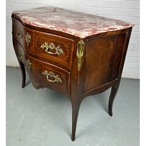 492 - A LATE 18TH CENTURY ITALIAN BOMBE COMMODE WITH PINK VARIEGATED MARBLE TOP, 

Brass mounts, handles a... 