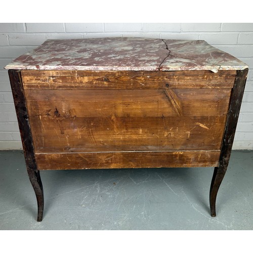 492 - A LATE 18TH CENTURY ITALIAN BOMBE COMMODE WITH PINK VARIEGATED MARBLE TOP, 

Brass mounts, handles a... 