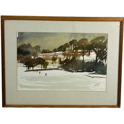 435 - HAL YATES ‘SKIING IN THE BOLLIN VALLEY’ WATERCOLOUR PAINTING ON PAPER,

Signed and dated 1974.