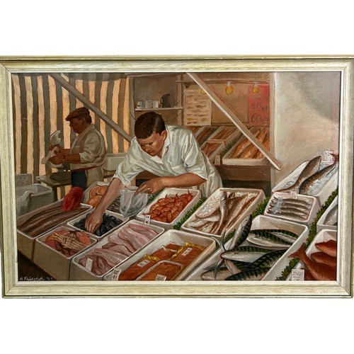 421 - SHIREEN FAIRCLOTH (BRITISH 20TH CENTURY): 'FISH STALL' OIL ON BOARD PAINTING,

Depicting two fish se... 