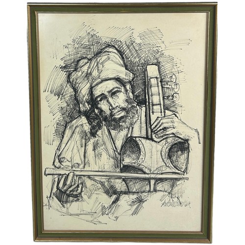 445 - A PAKISTANI DRAWING OR PRINT OF A GENTLEMAN PLAYING AN INSTRUMENT,

73cm x 52cm 

Mounted in a frame... 