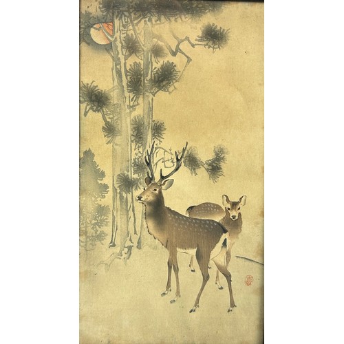 120 - ATTRIBUTED TO OHARA KOSON (1877-1945) A COLLECTION OF FOUR JAPANESE PRINTS DEPICTING DEER, COCKERELS... 