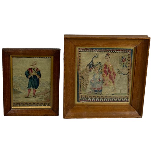 449 - TWO EARLY 19TH CENTURY NEEDLEPOINT SAMPLERS,

One depicting Chinese figures with a peacock, the othe... 