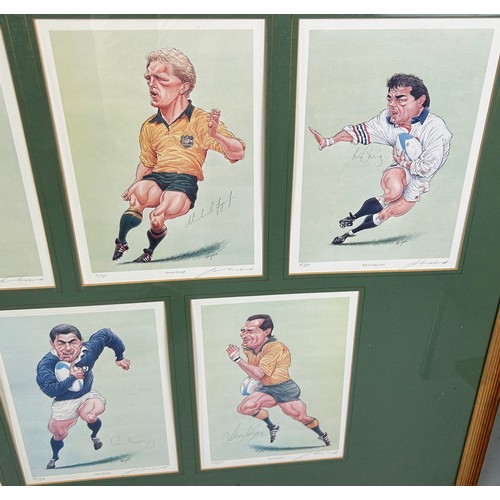 474 - A SET OF LIMITED EDITION PRINTS AFTER JOHN IRELAND DEPICTING SEVEN RUGBY PLAYERS, 

Each signed by t... 