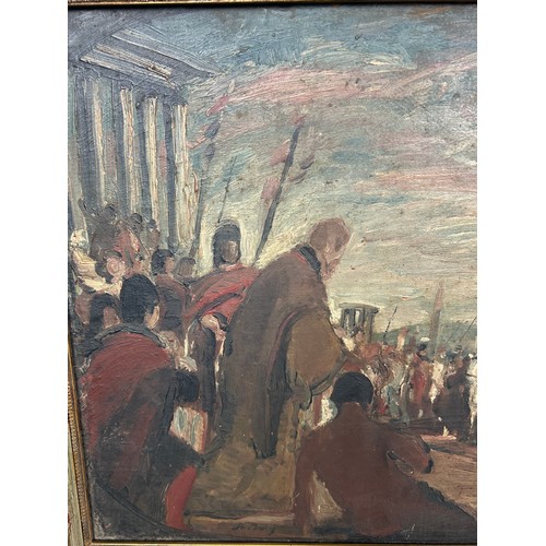 418 - A CLASSICAL OIL ON BOARD PAINTING DEPICTING A MEETING OF PRIESTS AND SOLDIERS AMONGST RUINS, 

Europ... 