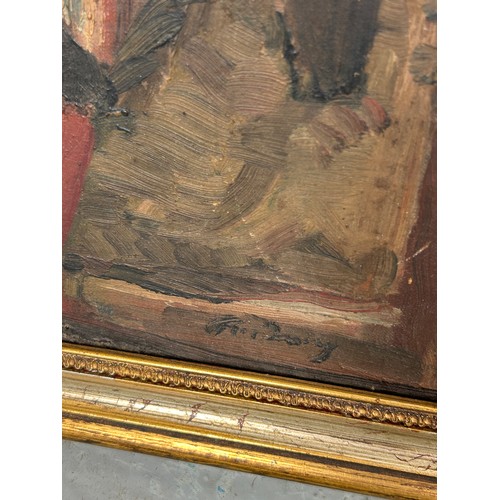 418 - A CLASSICAL OIL ON BOARD PAINTING DEPICTING A MEETING OF PRIESTS AND SOLDIERS AMONGST RUINS, 

Europ... 