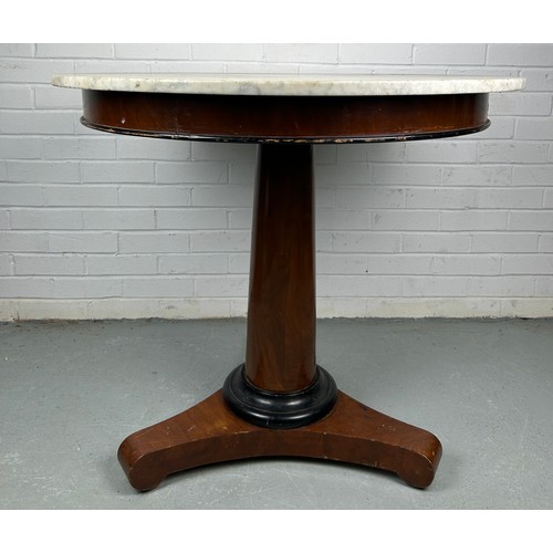 510 - A MAHOGANY VENEERERED CENTRE TABLE WITH A WHITE MARBLE TOP,

92cm x 80cm