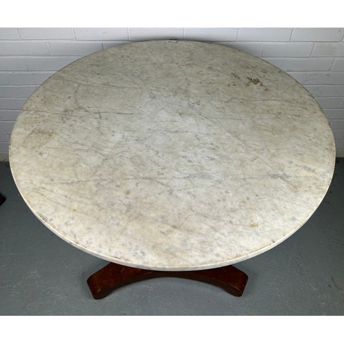 510 - A MAHOGANY VENEERERED CENTRE TABLE WITH A WHITE MARBLE TOP,

92cm x 80cm