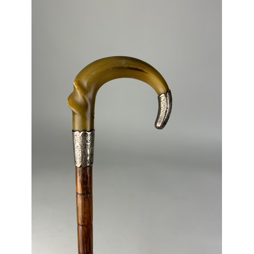 407 - A SILVER MOUNTED AND HORN HANDLE WALKING CANE WITH SIMULATED BAMBOO HANDLE, 

88cm L