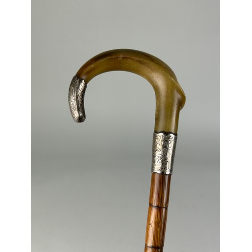 407 - A SILVER MOUNTED AND HORN HANDLE WALKING CANE WITH SIMULATED BAMBOO HANDLE, 

88cm L