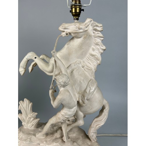 478 - EQUESTRIAN INTEREST: A PAIR OF WHITE PAINTED METAL LAMPS IN THE FORM OF A REARING HORSE AND TRAINER ... 