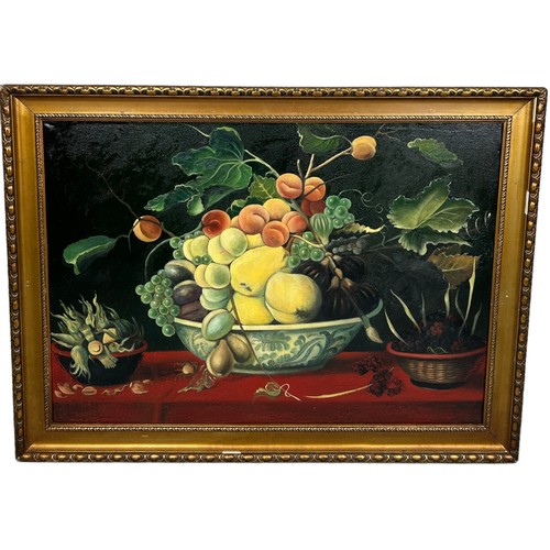 429 - A LARGE 20TH CENTURY STILL LIFE OIL ON CANVAS PAINTING OF FRUIT,

96cm x 68cm. 

Mounted in wooden f... 