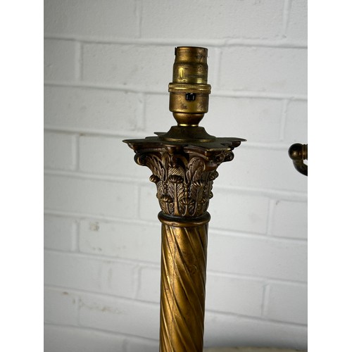 480 - A BRASS BANKERS LAMP ALONG WITH A CORINTHIAN COLUMN LAMP, A SMALL OIL LAMP AND A TURKISH BRASS COFFE... 