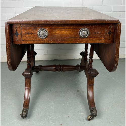 489 - AN EARLY 19TH CENTURY PEMBROKE TABLE WITH EBONY INLAY ON FOUR LEGS AND CASTORS, 

(some damage to ca... 