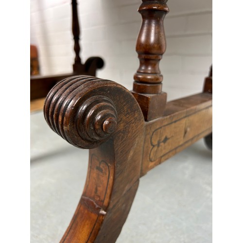 489 - AN EARLY 19TH CENTURY PEMBROKE TABLE WITH EBONY INLAY ON FOUR LEGS AND CASTORS, 

(some damage to ca... 