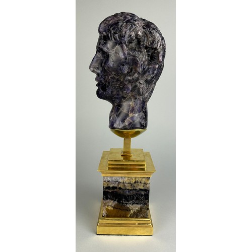 230 - AN EXCEPTIONAL BLUE JOHN OR FLUORITE BUST OF A ROMAN EMPEROR MOUNTED ON A BLUE JOHN AND GILT METAL S... 