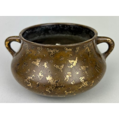 1 - A CHINESE 17TH OR 18TH CENTURY BRONZE CENSER WITH GOLD SPLASH, 

Marked underneath with apocryphal s... 