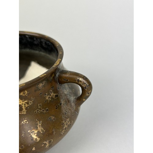1 - A CHINESE 17TH OR 18TH CENTURY BRONZE CENSER WITH GOLD SPLASH, 

Marked underneath with apocryphal s... 
