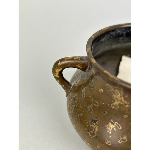 1 - A CHINESE 17TH OR 18TH CENTURY BRONZE CENSER WITH GOLD SPLASH, 

Marked underneath with apocryphal s... 