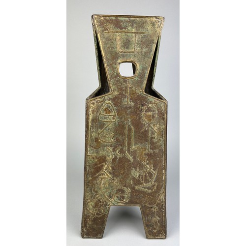 14 - A LARGE AND HEAVY CHINESE BRONZE STICK STAND WITH ARCHAIC CHINESE CALLIGRAPHY, 

50cm x 20cm