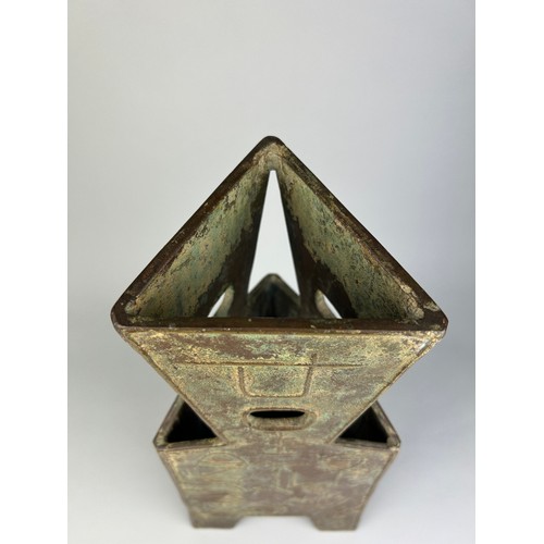 14 - A LARGE AND HEAVY CHINESE BRONZE STICK STAND WITH ARCHAIC CHINESE CALLIGRAPHY, 

50cm x 20cm