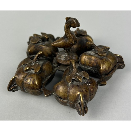 19 - A CHINESE BRONZE PEACOCK SPICE DISH WITH FIVE COMPARTMENTS, 

12cm x 7cm