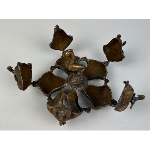 19 - A CHINESE BRONZE PEACOCK SPICE DISH WITH FIVE COMPARTMENTS, 

12cm x 7cm