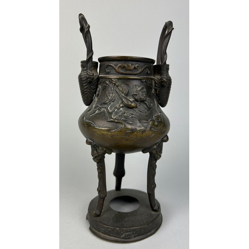 5 - A LARGE JAPANESE BRONZE CENSER ON TRIPOD FEET AND STAND, 

Decorated with birds in trees with vase h... 