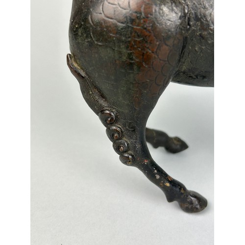 9 - A CHINESE BRONZE FIGURE OF A MYTHICAL ANIMAL, POSSIBLY 18TH CENTURY,

18cm x 14cm 

With opening com... 