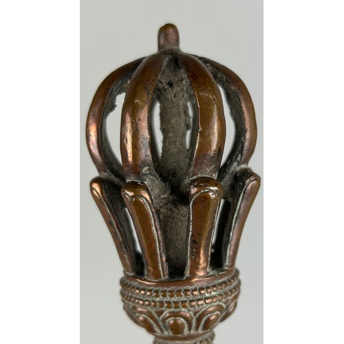 28 - A 19TH CENTURY TIBETAN BRONZE OR COPPER DORJE,
 
19cm L