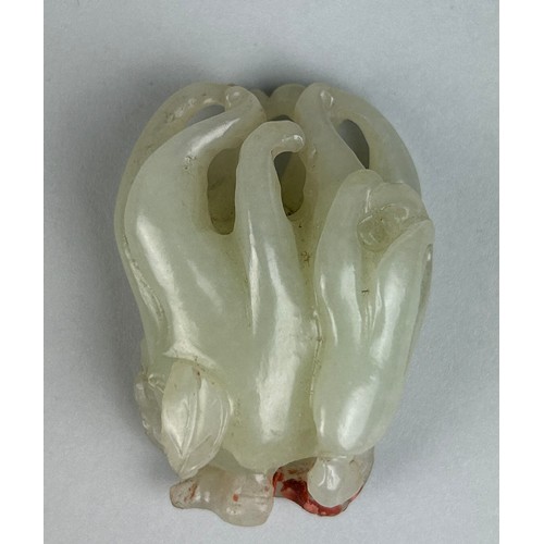 33 - A 19TH CENTURY CHINESE WHITE JADE CARVING OF A BUDDHAS HAND CITRON, 

5cm x 3.8cm 

On later rosewoo... 