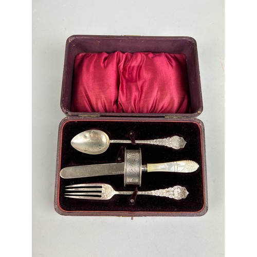 155 - A SILVER MOTHER OF PEARL CHRISTENING SET